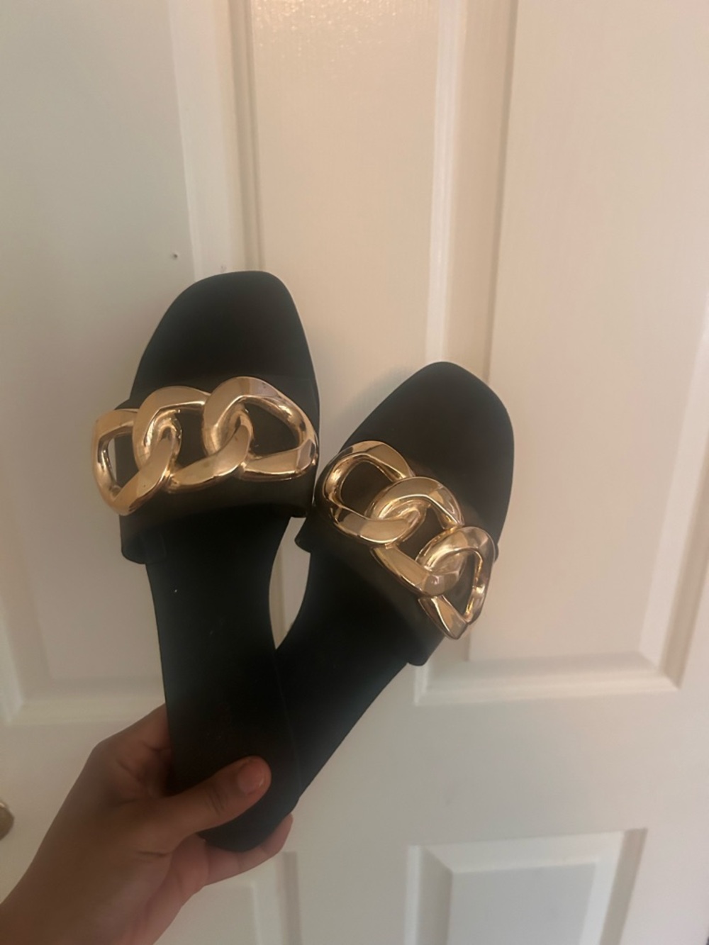 Black Slip-On Slides with Gold Chain Accent